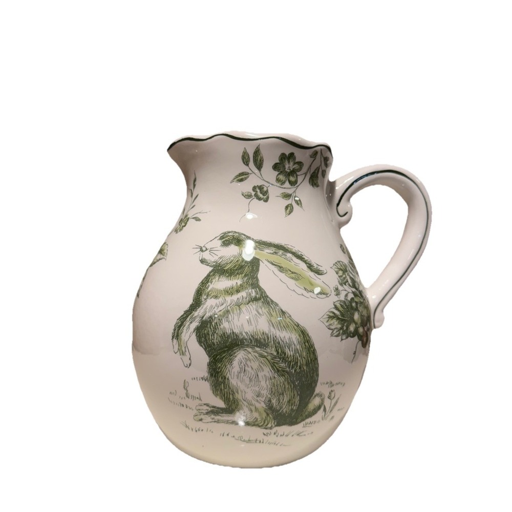 Maxcera‎ Green & White Rabbit Roses Toile Floral Ceramic Vase Pitcher 8.5" New